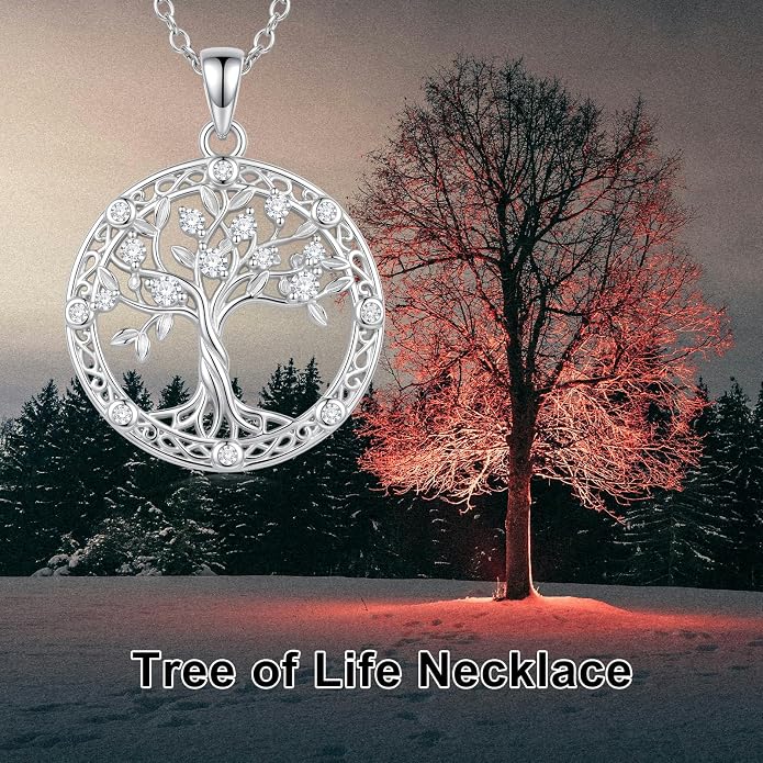 Tree of Life Birthstone Necklace 925 Sterling Silver Crystal Tree of Life Pendant Birthstone Jewelry Birthday Christmas Gifts for Women Mom Her Wife