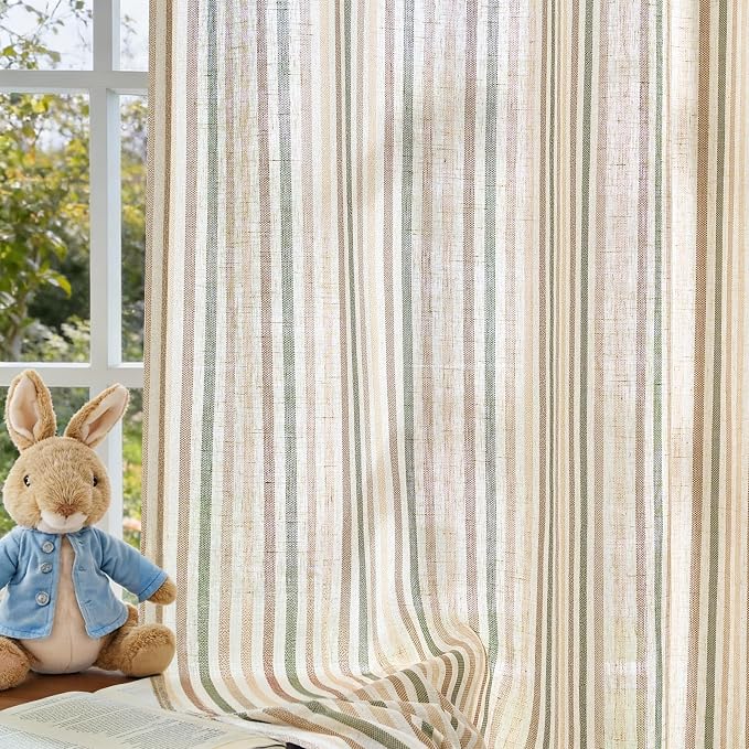 Vangao Linen Stripe Nursery Curtains for Kids Tickingstripe Light Filtering Window Curtains Colorful Pinstripe Printed Drapes 63 Inches Long for Living Room Boys Bedroom Colorful Green 2 Panels
