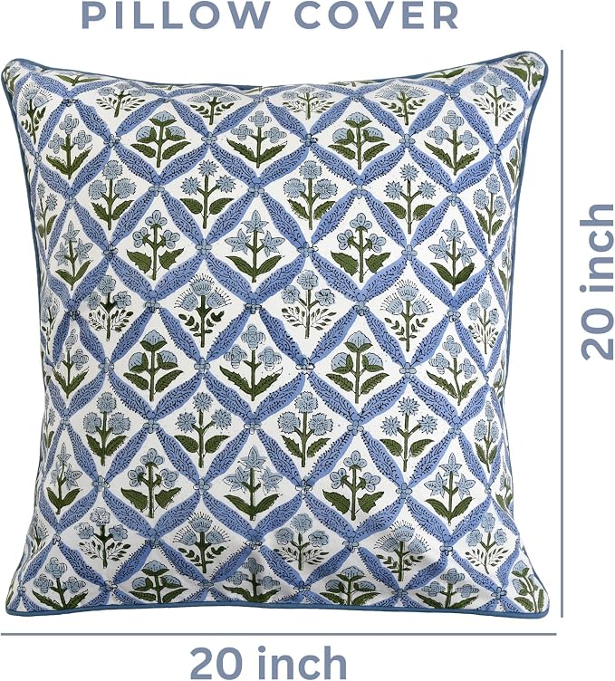 Ridhi Block Print Light Steel Blue Pillow Cover 20" x 20" (Pack of 2) Decorative Couch Pillows for Living Room, Chic Boho Cute Outdoor Pillows Covers Gifts for Spring, Easter and Valentine