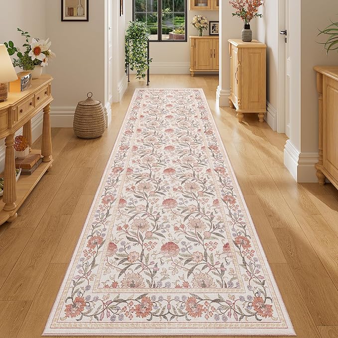 DUKINO 2.6x8 Runner Rug, Washable Vintage Floral Kitchen Runners Beige Pink | Non Slip, Low Pile, Non-Shedding Soft Carpet for Hallway Bathroom Laundry Entryway Bedroom Farmhouse, Kids and Pets Friendly