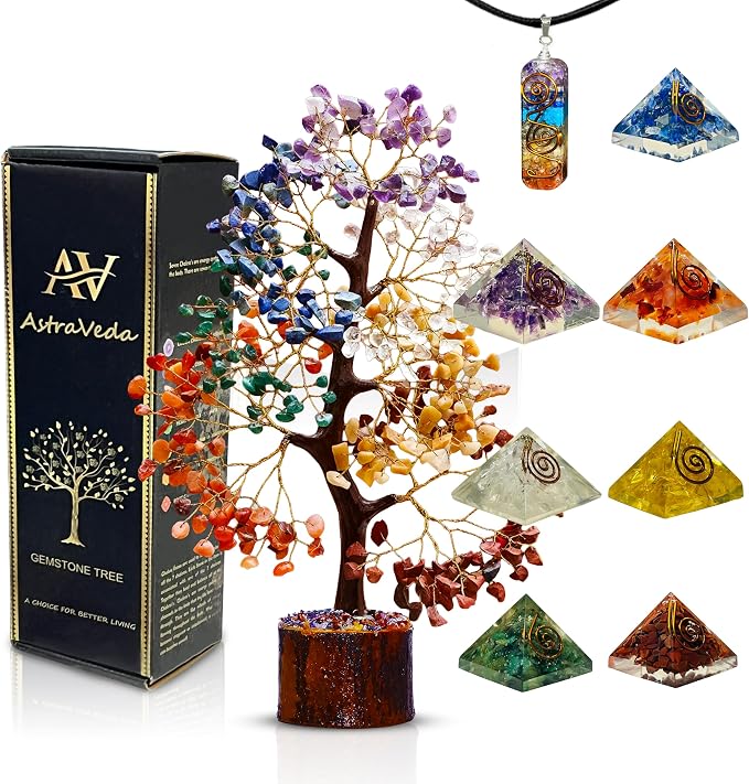 7 Chakra Crystal Tree Gift Set with Pendant & 7 Mini Chakra Pyramids – Healing Gemstone Tree for Energy Balance, Meditation, Spiritual & Crystal Gifts