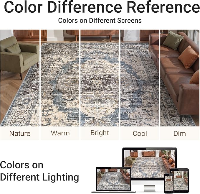 befbee 8x10 Area Rugs for Living Room, Stain Resistant Neutral Washable Rugs for Dining Room, Floral Vintage Non-Slip Thin Large Size Area Rug (Blue/Black)