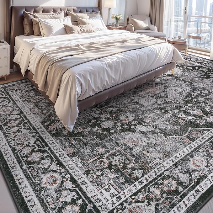 AMOAMI-Area Rug 5X7 Rugs for Living Room-Vintage Soft Black Rugs for Bedroom-Non Slip Carpet-Machine Washable Rug for Dining Room Living Room Bedroom Office Under Table Dark Grey & Black