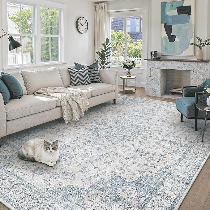 PureCozy 6x9 Area Rug Washable Neutral Blue Vintage Floral | Non Slip, Soft Low Pile, Indoor Carpet for Living Room, Bedroom, Dining Room, Coastal Decor