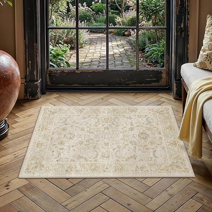 2x3 Beige Washable Area Rug Non Slip Retro Distressed Doormat | Soft Low Pile, Lightweight Foldable, Pet Friendly, Entryway, Entrance, Kitchen, Bathroom, Laundry Room