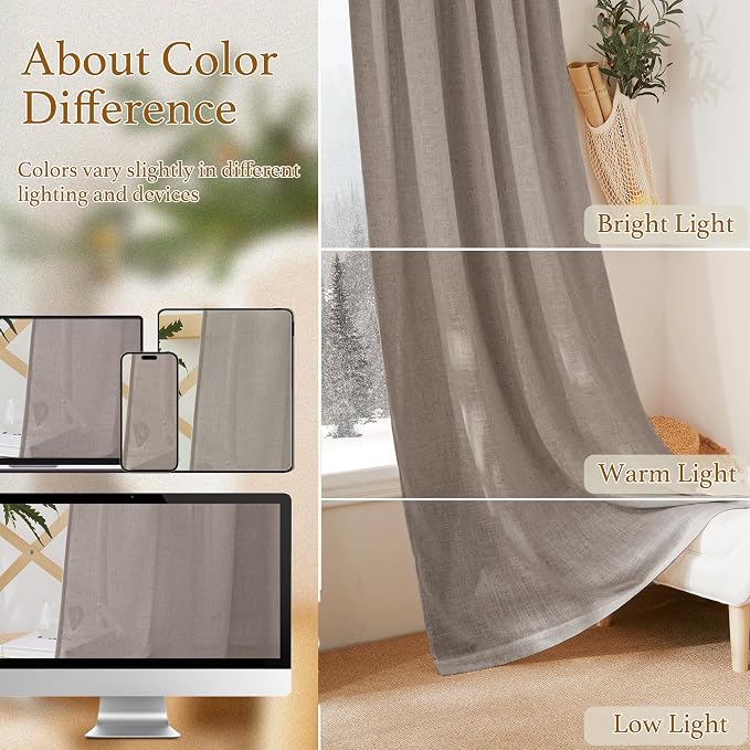 RYB HOME Linen Texture Sheer Curtains 90 inches, Rustic Style Solid Semi Sheer Half Privacy Drapes for Farmhouse Dorm Office Dining, Birch Brown, W 52 x L 90 inches, Set of 2