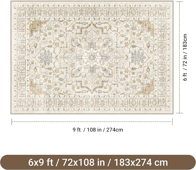 befbee 6x9 Area Rug for Living Rooms, Stain Resistant Neutral Washable Rugs for Dining Rooms, Floral Vintage Non-Slip Thin Large Size Area Rugs(Beige)