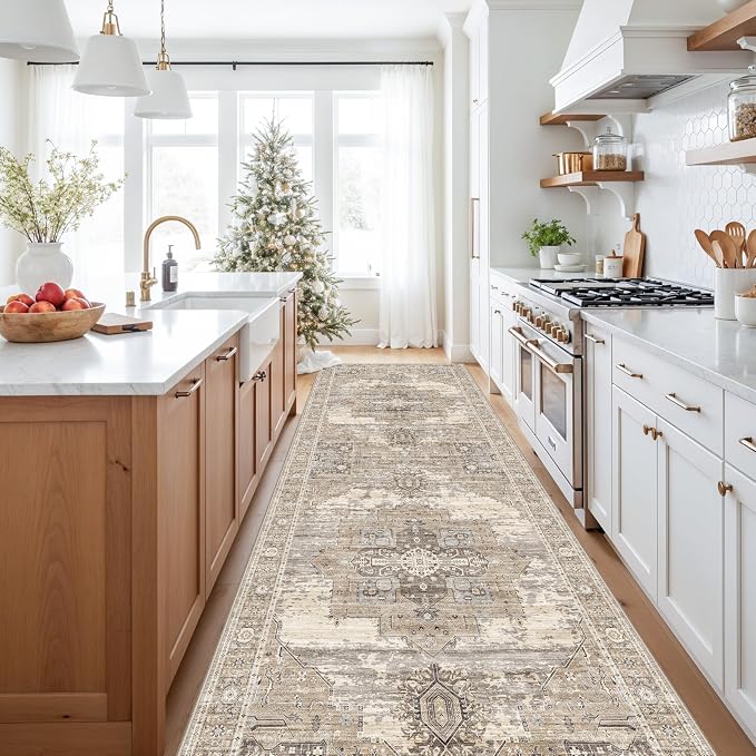 4x12 Runner Rug Wide Hallway - Washable Long Runners for Entryway Bedroom Kitchen Soft Stain Resistant Carpet Vintage Ultra-Thin Rugs with Non Slip Backing Home Decor Desiged for RV Living 4x12 Beige