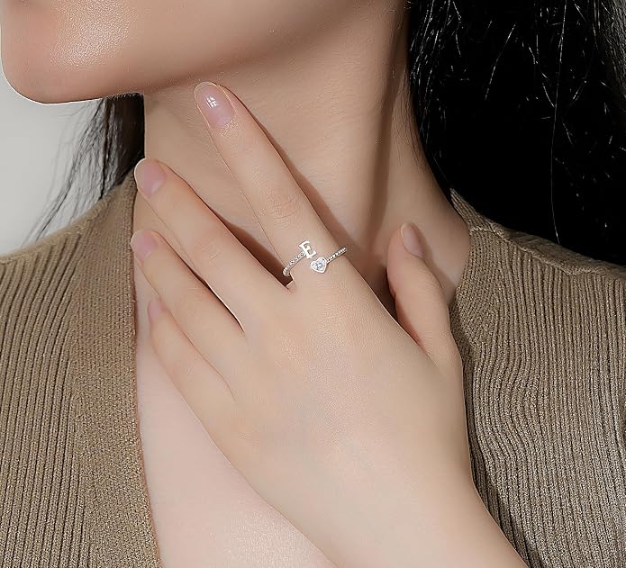Step Forward 925 Sterling Silver Adjustable Initial Ring for Women | Non Tarnish Letter Rings for Lady | Alphabet Heart Thumb Rings | Capital Letter Jewelry Gifts