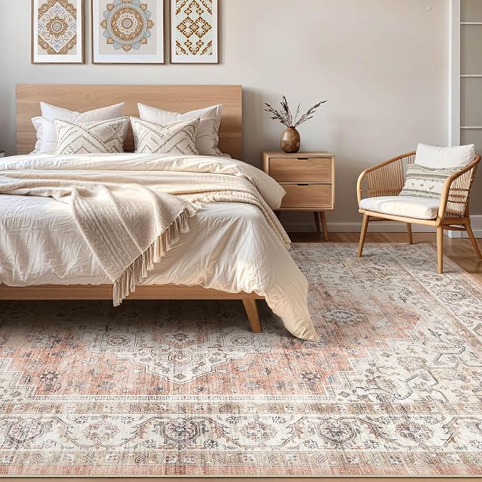 5x8 Area Rug Living Room: Washable Boho Large Neutral Vintage Soft Rug Stain Resistant Farmhouse Non-Slip Indoor Floor Retro Carpet for Bedroom Nursery Kids Office Dining Room- Pink Brown