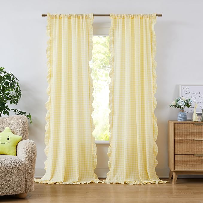 ZJDECOR Yellow White Buffalo Plaid Ruffle Curtains 63 Inche,Rod Pocket | Woven Crinkled Not-See-Through Sheer Drapes,Rustic Shabby Chic Window Treatment,Bedroom Living Room,40"Wx63"L,Pack of 2