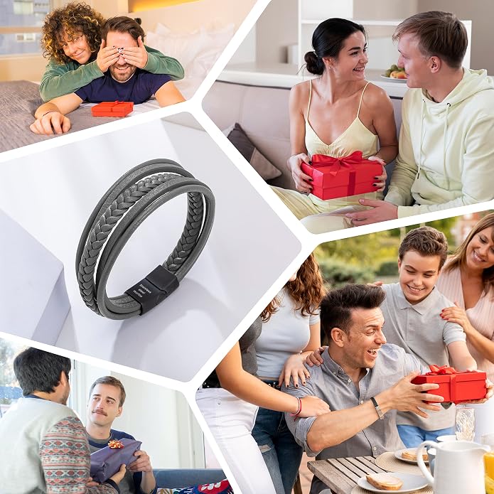 murtoo Mens Leather Bracelet with Clasp Cowhide Multi-Layer Braided Leather Mens Bracelet