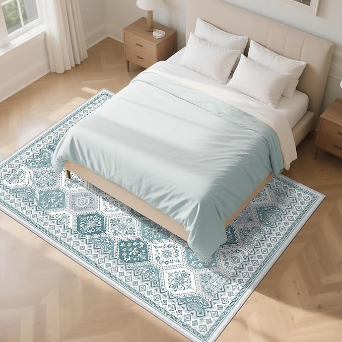 6x9 Area Rugs for Living Room, Soft Non-Slip Vintage Boho Moroccan, Low-Pile Printed Washable Teal Rug for Living Room, Bedroom, Dining Room, Playroom-Teal | TTelephant Low-Pile Printed Washable Teal Rug for Living Room, Bedroom, Dining Room, Playroom