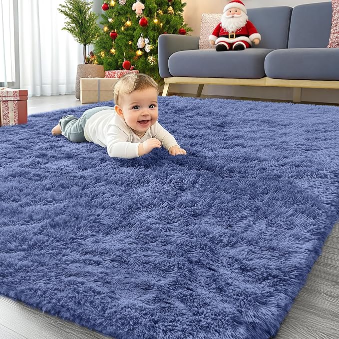 OLANLY Area Rugs for Living Room Bedroom, Machine Washable 4x5.9 ft Soft Fluffy Shaggy Bedside Rug, Indoor Floor Carpet for Kids Girls and Boys, Dorms, Nursery Rooms, Home Decor Aesthetic, Denim Blue