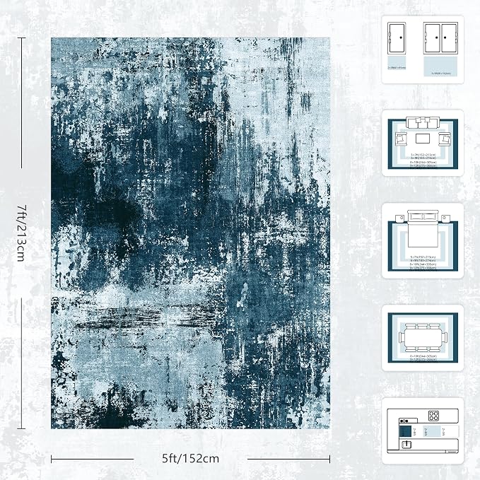 5x7 Rugs for Living Room - Modern Abstract Washable Rug, Ultra Soft Non Slip Low Pile Large Rugs, Floor Carpet for Bedroom Dining Room Office Laundry Nursery Home（Ocean Blue）