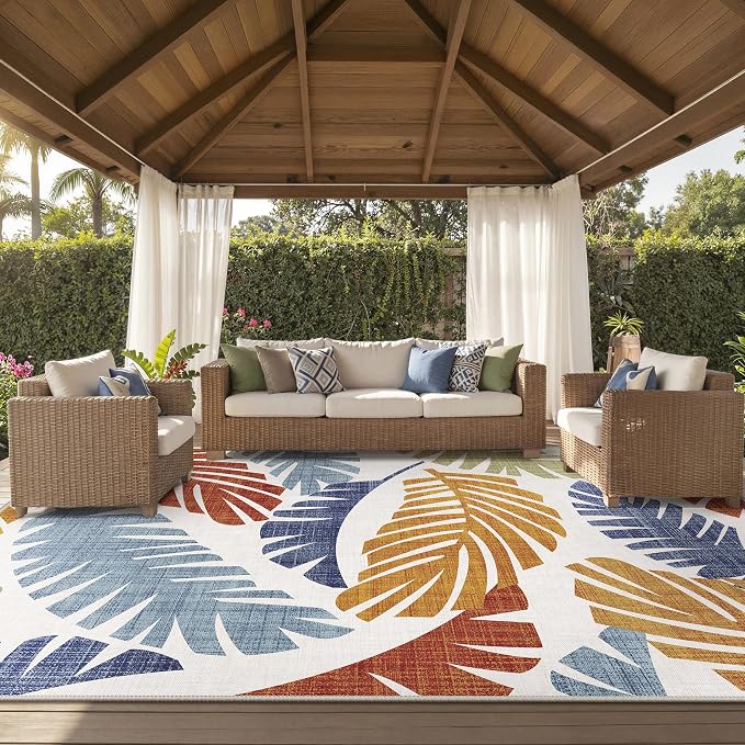 GENIMO 10x14 Outdoor Rug, Washable Quick Dry for Patio, Leaf Rust Navy | Botanical leaf design for gazebo; lightweight chenille with quick-dry non-slip backing for indoor living spaces.