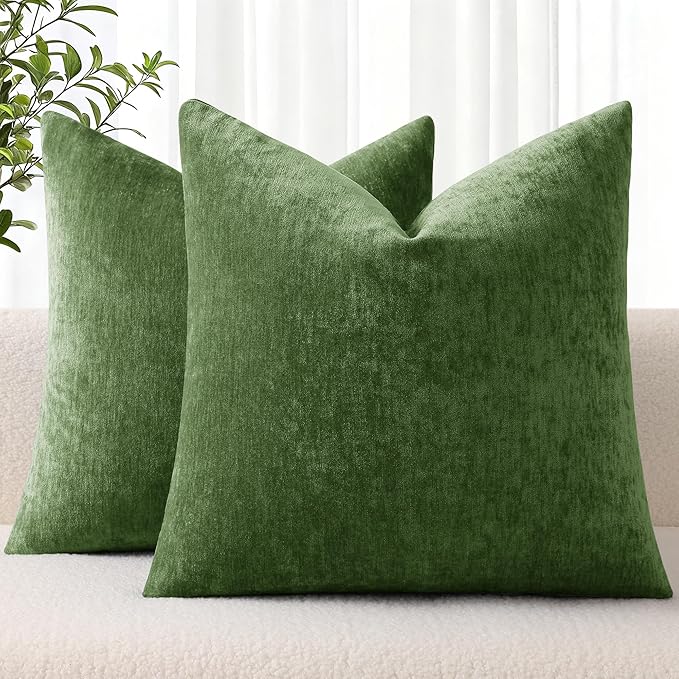 decorUhome Soft Chenille Moss Green Throw Pillow Covers 16X16 Set of 2 | Decorative Fall Couch Pillow Covers Solid Dyed Accent Modern Farmhouse Neutral Square Pillow Cases for Sofa
