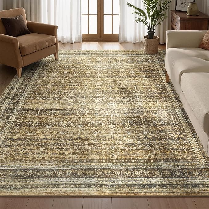 5x7 Washable Area Rugs for Living Room Bedroom, Boho Non-Slip Rug | Vintage Distressed Retro; Low Pile; Stain Resistant; Neutral Soft Carpet for Dining Room, Nursery, Home Office; Caramel Brown