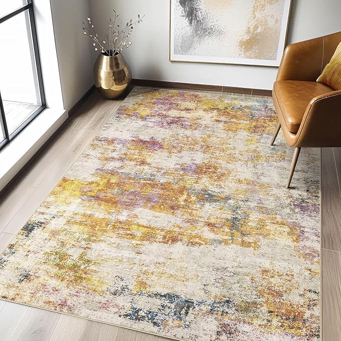 4x6 Area Rug Living Room: Machine Washable Large Abstract Modern Soft Rug Stain Resistant Indoor Floor Non-Slip Accent Carpet for Bedroom Nursery Playroom Office Dining Room Dorm- Gold Colorful