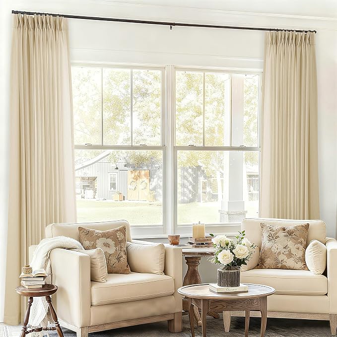 Pinch Pleat 72 x 96 Inch Linen Curtains Extra Wide Beige Semi Sheer | Neutral, Pleated Drapes, for Living Room Sliding Door Dining Bedroom Divider, Curtains 96 Inch Length, Ceiling Window, 8Ft