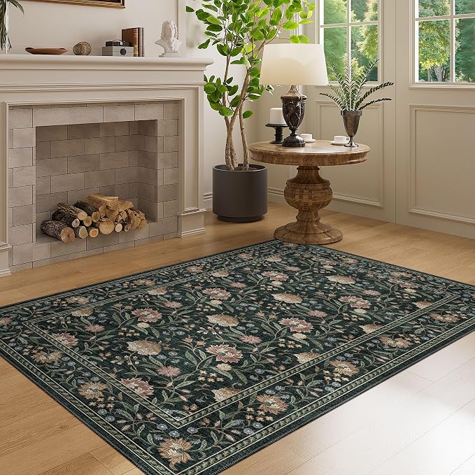 DUKINO 3x5 Rug Washable Vintage Floral Bedroom Area Rug Non Slip Dark Green | Low Pile, Non-Shedding, Stain Resistant Boho Lightweight Soft Indoor Carpet for Bathroom Office Dining Living Room Farmhouse