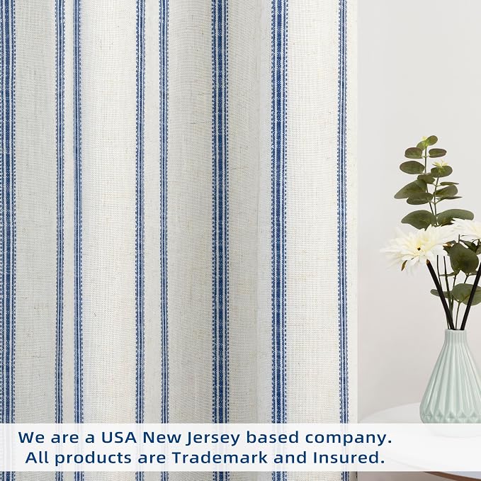 DriftAway Farmhouse Stripe Blackout Curtains, W52xL36, Navy Blue | Blackout, Linen Texture, Stripe Pattern, Rod Pocket & Back Tab, Two Layers, Bedroom Living Room Use, Sound Reducing Design