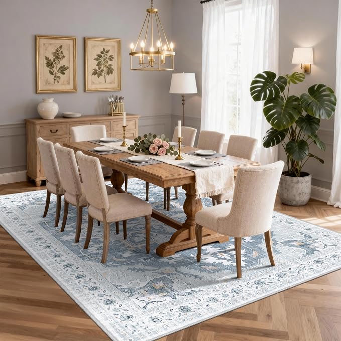 Area Rugs 9x12 Living Room, Soft Non-Slip Vintage Medallion Rug, Low-Pile Printed Washable Area Rugs Blue Gray Rug for Living Room, Bedroom, Dining Room -Blue/Gray