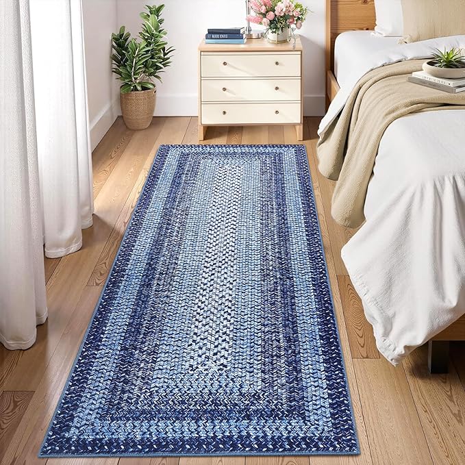 RUGSREAL Runner Rug 2x8 Machine Washable Hallway Runner Rug Entryway Long Runner Carpet Braided Printed Throw Mat Non Slip Kitchen Mat Living Room Rustic Carpet for Bedroom Dining Room, Navy