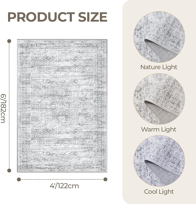 4x6 Area Rug for Entryway,Washable Kitchen Rug,Grey | Small Rug for Hallway,Bedroom,Living Room,Dining Room,Thin,Soft, Neutral Rug,Stain Resistant Indoor Carpet,Non Slip