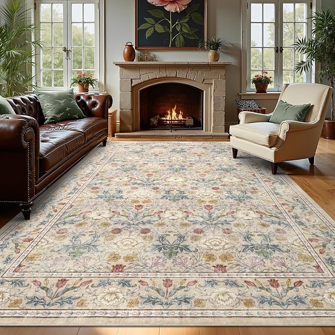 GarveeHome Large Area Rugs 9x12 for Living Room, Beige Floral Washable Rug Soft Non Slip Floor Mat Carpet Indoor Thin Accent Rug for Bedroom Dining Room Playroom Nursery Home Decor