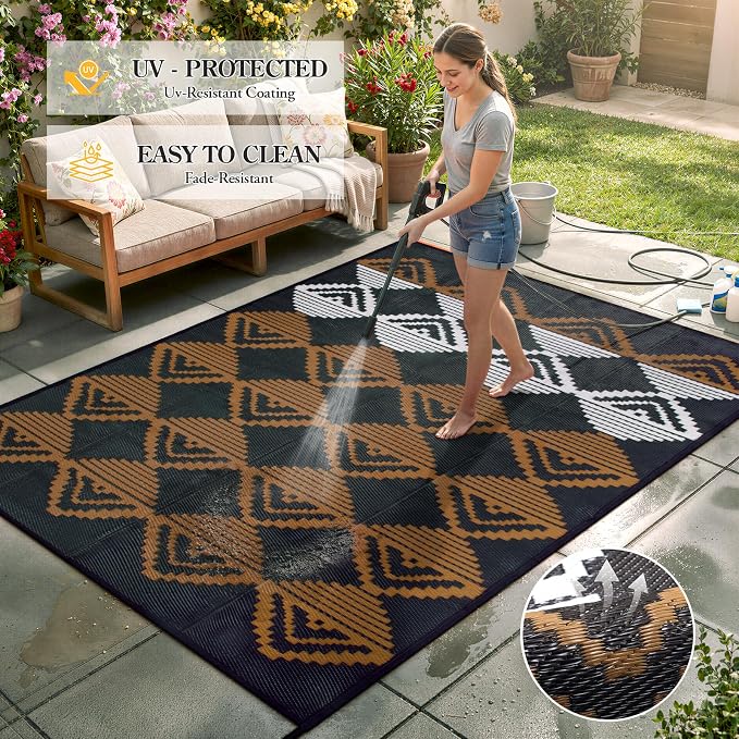 Beeiva RV Outdoor Rug 6x9 Waterproof for Camping, Reversible Plastic Straw Rug for Camper, Porch, Balcony, Foldable Outdoor Mat Black Brown