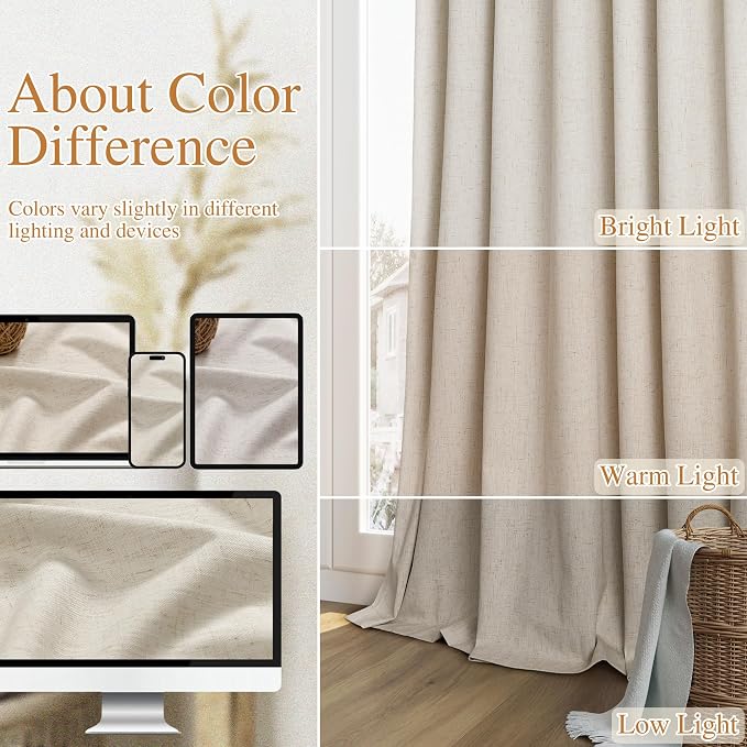 Guken 100% Blackout Linen Curtains for Bedroom 96 inches Long, Thermal Insulated Room Darkening Black Out Drapes for Living Room, Back Tab Rod Pocket 2 Panels Set,Taupe Burlywood,52x96