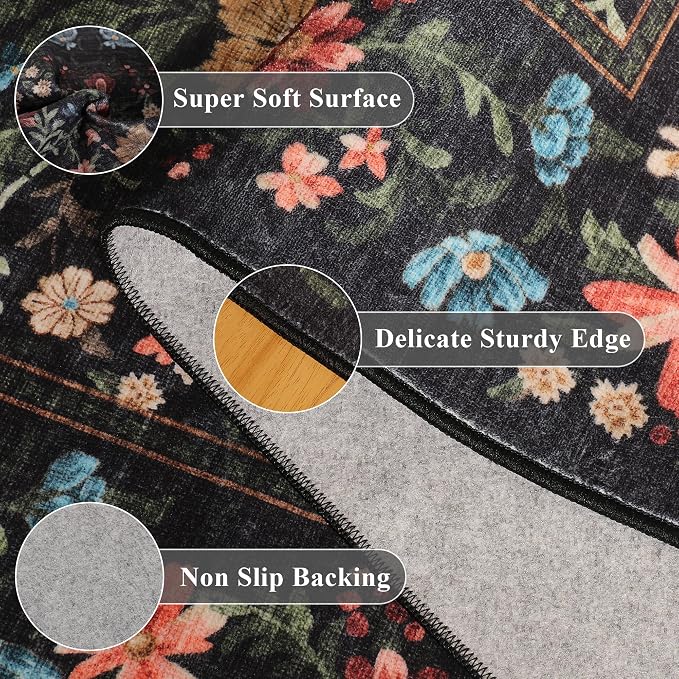 DUKINO 4ft Round Rug, Washable Vintage Floral Area Rug for Bedroom, Black | Non Slip Low Pile Stain Resistant, Aesthetic Lightweight Soft Small Circle Carpet for Living Room Kitchen Entryway Farmhouse