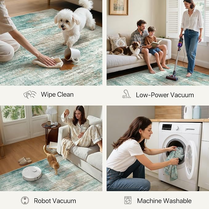 GENIMO Runner Rug Non Slip 2'6"x8', Washable Rug Runner for Hallways Kitchen, Abstract Modern Kitchen Rugs, Low Pile Lightweight Carpet Runners for Entryway, Bedroom, Laundry, Teal Brown