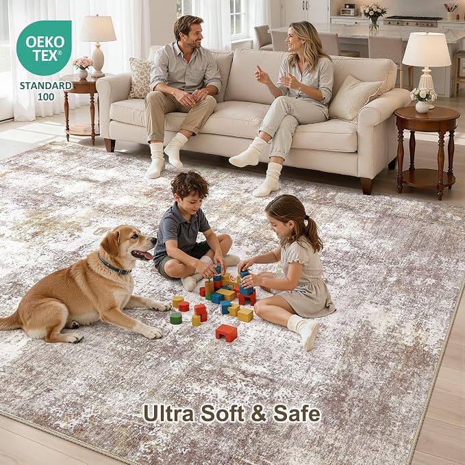 12x15 Area Rugs for Living Room, 12x15 Rug Washable High-Low Pile | Neutral Modern Abstract Carpet, Non Slip Lightweight Soft Made for Dining Room, Home Office Indoor Decor - Gold Brown