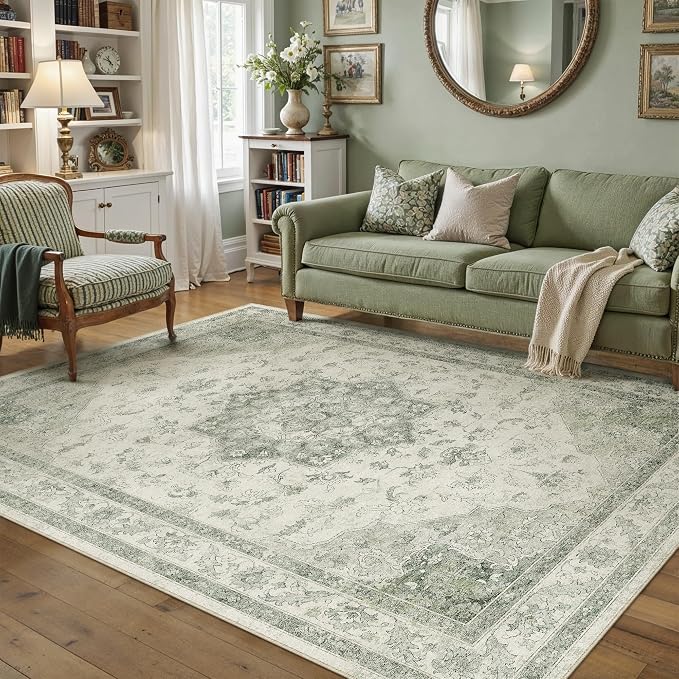 PureCozy Green Area Rug 6x9 Washable Living Room Carpet Vintage Non Slip Soft Bedroom Indoor Office Retro Low Pile Thin Oriental Medallion Large Rug for Dining Room Playroom