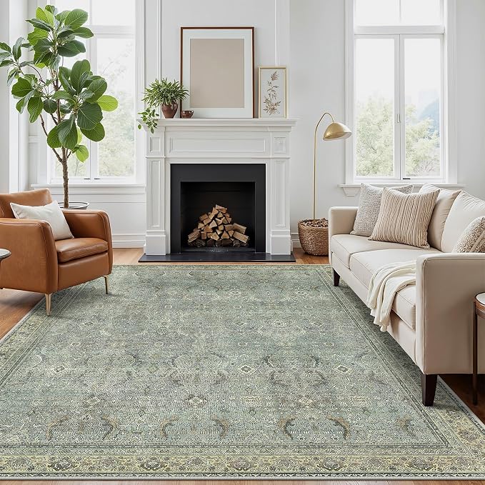 BESBLEE 8X10 Area Rugs Machine Washable Rugs for Living Room, Vintage Boho Large Rugs for Bedroom Dining Room, Non Slip Indoor Soft Distressed Lightweight Thin Low Pile Carpet, Dusty Ocean