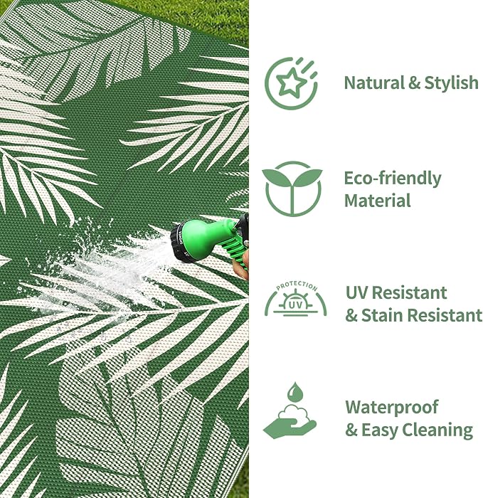 GENIMO Outdoor Rug, Waterproof Plastic Rugs for Patio, 6'x9' Dark Green | Outside Larger Leaf Carpet Mat for Porch Decor, Deck, Balcony, Camping, RV, Backyard, Picnic, Beach, Reversible, Foldable