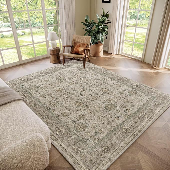 Boho Washable 5x7 Area Rugs for Living Room, Cushioned, Flaxen/Tan | Vintage Non-slip Rugs for Bedroom Dining Room Nursery Office, 0.3" Neutral Oriental Throw Thin Carpet, Flaxen/Tan