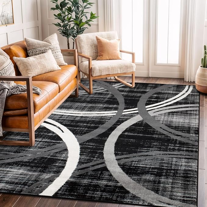 Rugshop Wavy Circles Modern Jute Backing Area Rug Black 5'3" x 7'3"