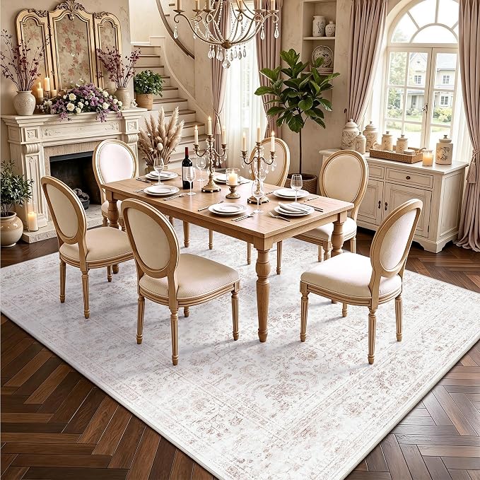 6x9 Area Rugs, Washable Vintage Retro Floral Rug for Living Room, Low Pile Non Slip Distressed Large Carpet for Bedroom, Dining Room, Office, Home (Pink)