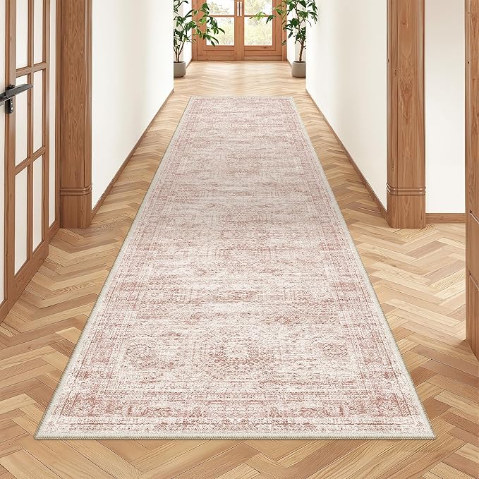 2x8 Runner Rug Non Slip,Washable Hallway Runner Rug,Pink | Neutral Rugs for Kitchen,Entryway,Bedroom,Bathroom,Nursery Room,Thin,Soft Runner Rug,Stain Resistant Indoor Carpet