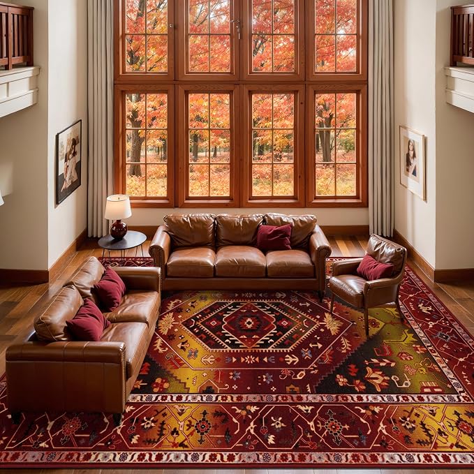SERISSA 9x12 Area Rugs for Living Room, Large Washable Non-Slip Boho Rug, Ultra Soft Vintage Rustic Red Gold Oriental Tribal Print Distressed Carpet for Dining Room Bedroom Dorm Office Home Decor