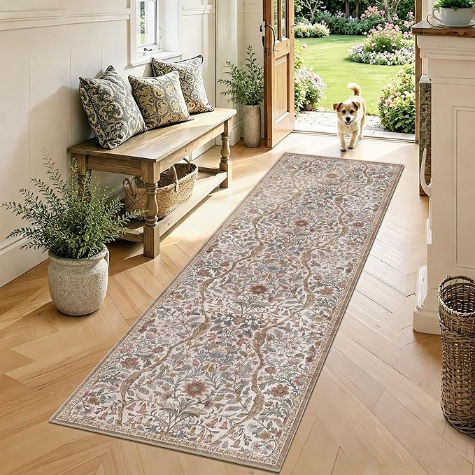2x6 Washable Runner Rug, Khaki Beige Floral Area Rug for Hallway,Low-Pile Non-Slip Stain Resistant Carpet for Kitchen, Bedside,Laundry Room,Entryway