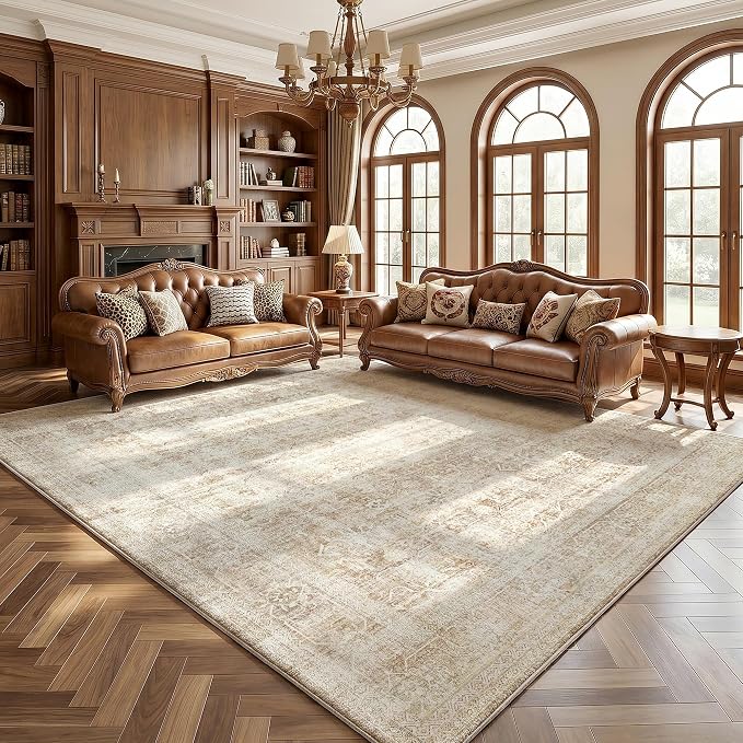 Beauoop 9x12 Washable Beige Neutral Vintage Large Area Rug for Living Room | Distressed Oriental Retro Traditional Non Slip Low Pile Thin Soft Indoor Rug Cream Pattern Bedroom Dining Room Office Nursery