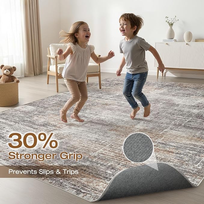 6x8 Area Rugs Living Room: Washable Large Neutral Rug Abstract Soft Modern Stain Resistant Indoor Floor Non-Slip Carpet for Bedroom Nursery Kids Office Playroom Dining Room Under Table- Gray Rust