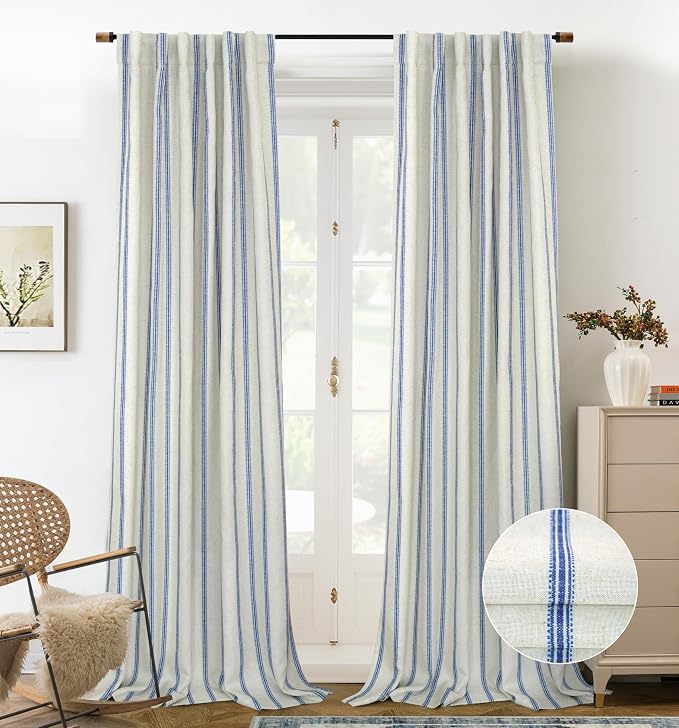 DriftAway Farmhouse Stripe Blackout Curtains, W52xL108, Navy | Blackout, Linen Texture, Stripe Pattern, Rod Pocket & Back Tab, Two Layers, Bedroom Living Room Use, Sound Reducing Design