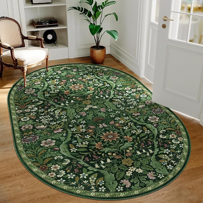 3x5 Oval Rug Dark Green Floral Washable Rug,Soft Lightweight Low Pile Non-Shedding Carpet,Machine Washable Stain Resistant Non-Slip for Entryway,Bedroom,Mudroom,Living Room