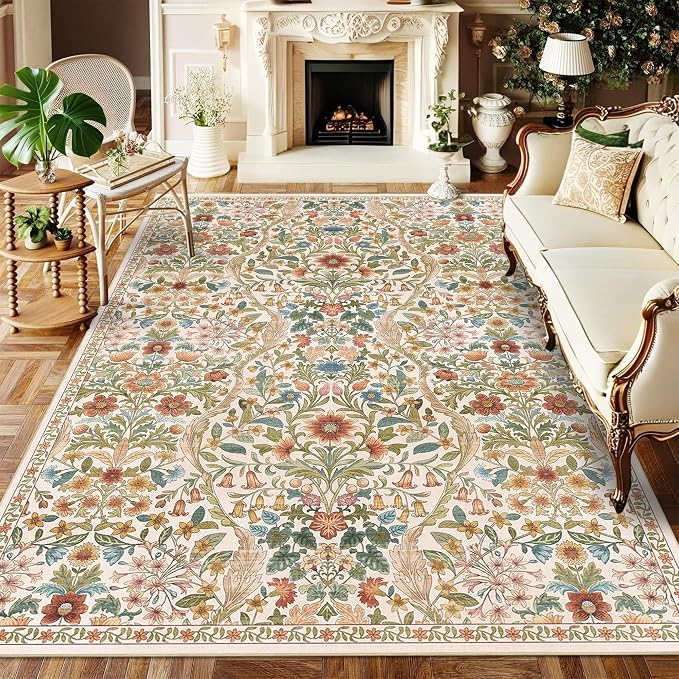 5×8 Area Rugs Beige Washable Floral Rug,Vintage Boho Soft Low-Pile Living Room Rugs, Stain Resistant Botanical Non-Slip Carpet for Bedroom,Dining Room, Kids Nursery,Home Decor