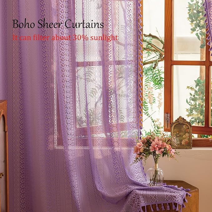Sutuo Home Lavendar Boho Curtains 84 inches Long for Bedroom Living Room, Purple Lace Sheer Curtains Crochet Bohemian Privacy Farmhouse Vintage Tassels Rustic Chic Decor Rod Pocket, 2 Panels 50" W
